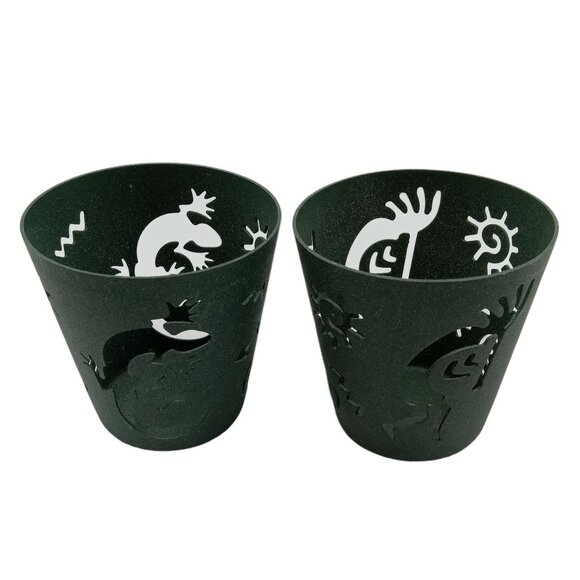 Set Of 2 Metal Votive Candle Holders With Tribal Gecko Kokopelli & Sun Design - Picture 1 of 8